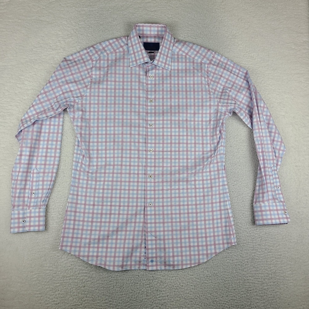 David Donahue Dress Shirt Mens 16.5 36/37 Blue Purple Check Trim Fit Button Up
